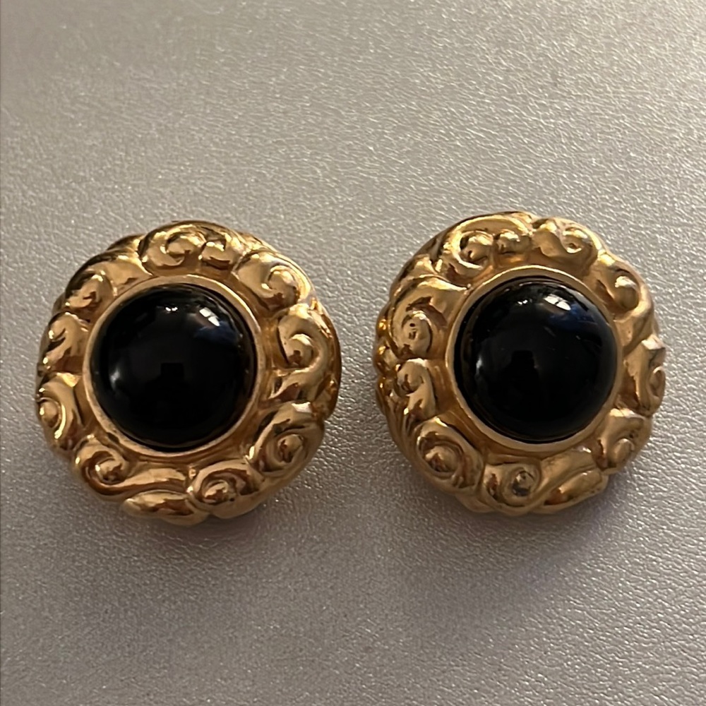 Ciner Gold and Black Enamel Vintage Luxury Clip On Earrings